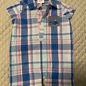 Crown & Ivy Baby Plaid Romper in Blue and Pink